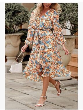 PRETTYGARDEN Yellow Floral Boho Wrap V Neck Midi Dress Size S NWT Ruffle A-Line